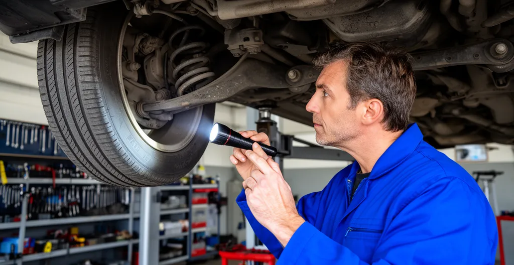 Technicien automobile inspectant le train roulant d'un véhicule accidenté sur pont élévateur