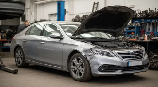 Voiture berline avec aile avant cabossée dans cour atelier automobile professionnel